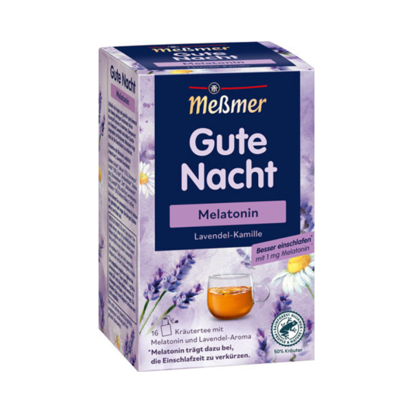 Meßmer Gute Nacht Lavendel­ Kamille, Melatonin, Kraeutertee, Teebeutel im Kuvert, 2. Entnahmefach displaytauglich, 32g